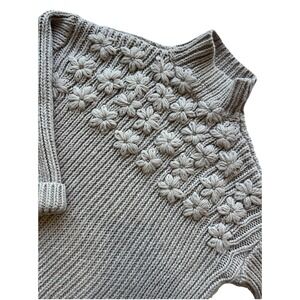 Cliche Wool-Blend Embroidered Sweater Size M taupe Tan Hand crotchet flowers VTG